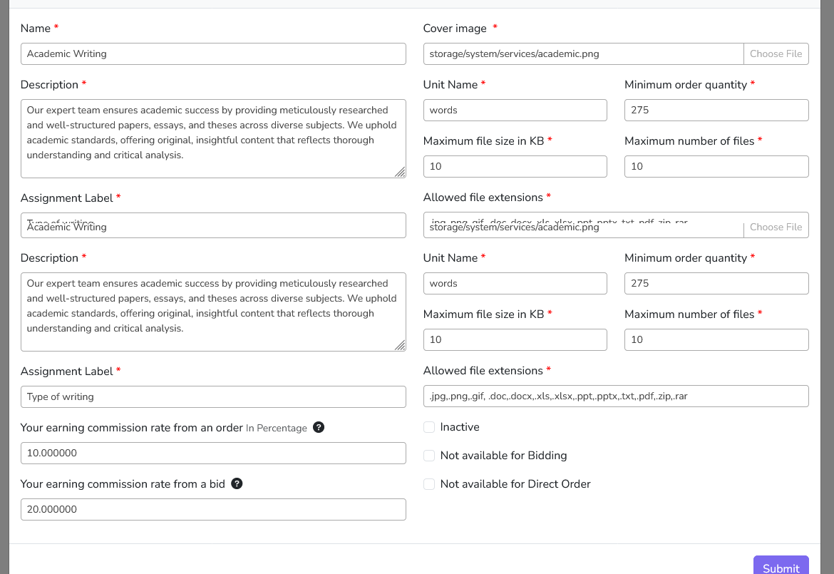 Prowriters Service Configuration